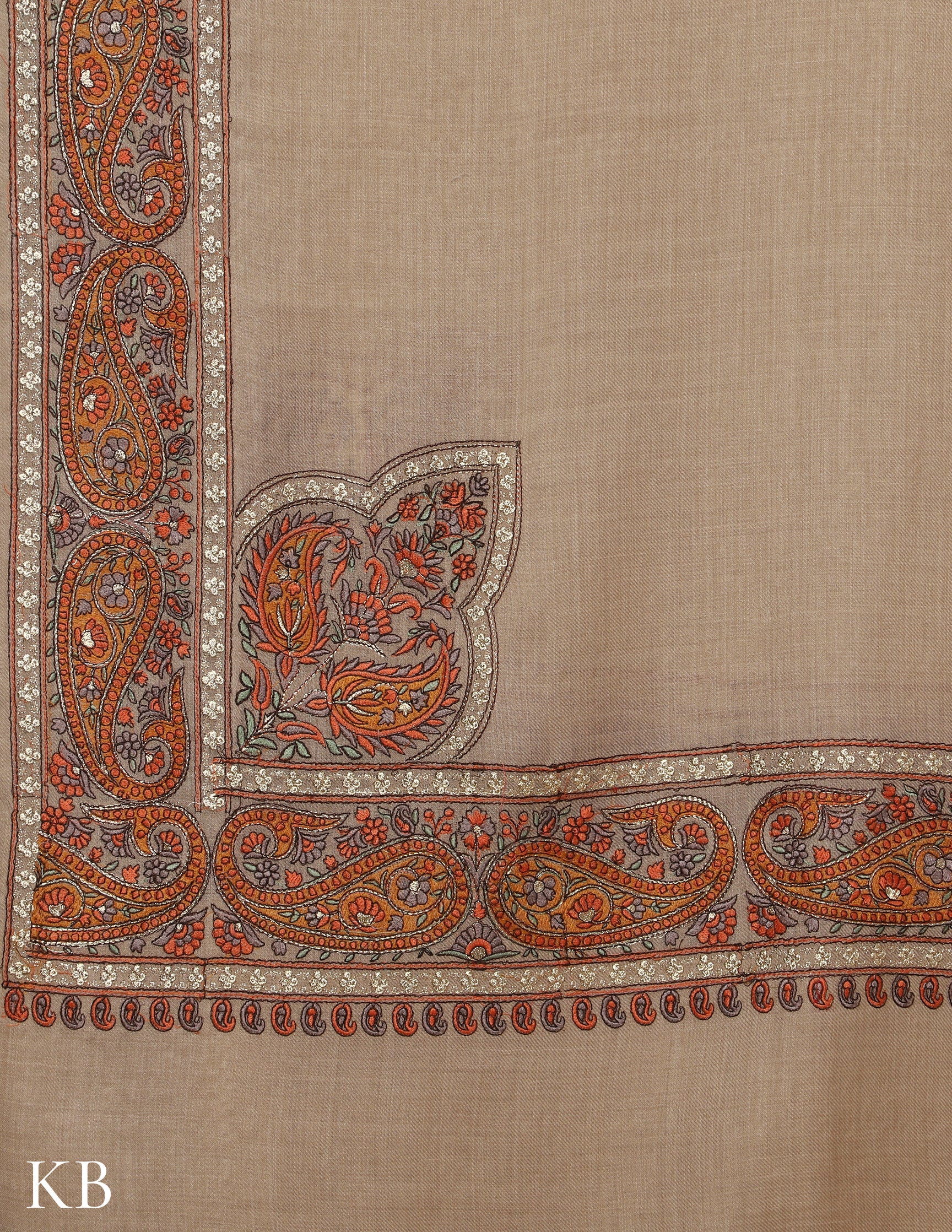 Seedpearl Sozni Zari Palla Embroidered Polywool Shawl - Kashmir Box