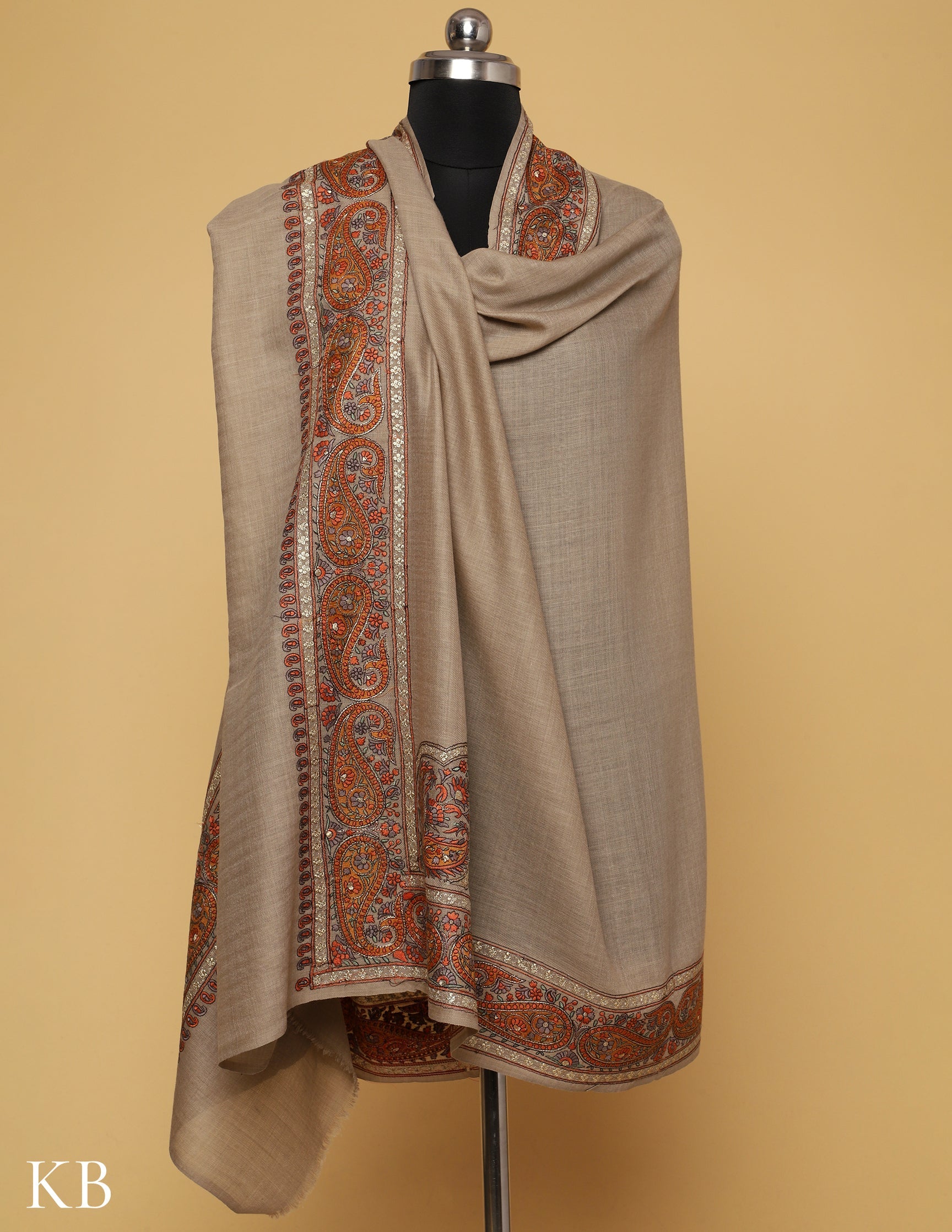 Seedpearl Sozni Zari Palla Embroidered Polywool Shawl - Kashmir Box