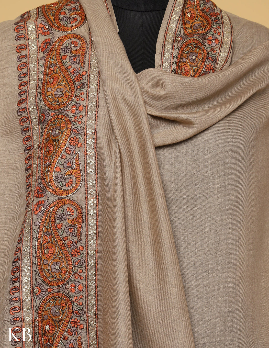 Seedpearl Sozni Zari Palla Embroidered Polywool Shawl - Kashmir Box