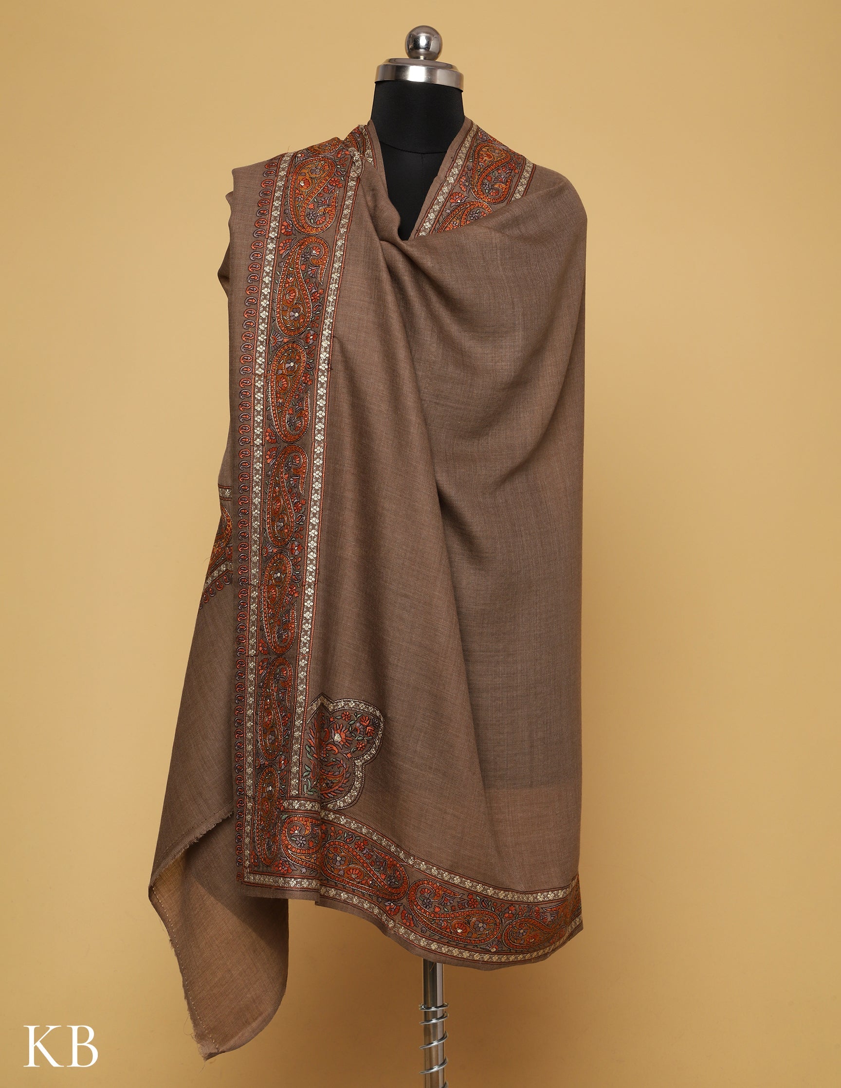 Warm Sand Sozni Zari Palla Embroidered Polywool Shawl - Kashmir Box