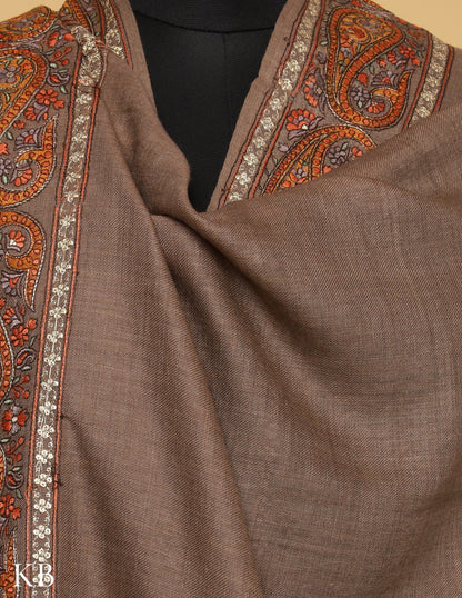 Warm Sand Sozni Zari Palla Embroidered Polywool Shawl - Kashmir Box