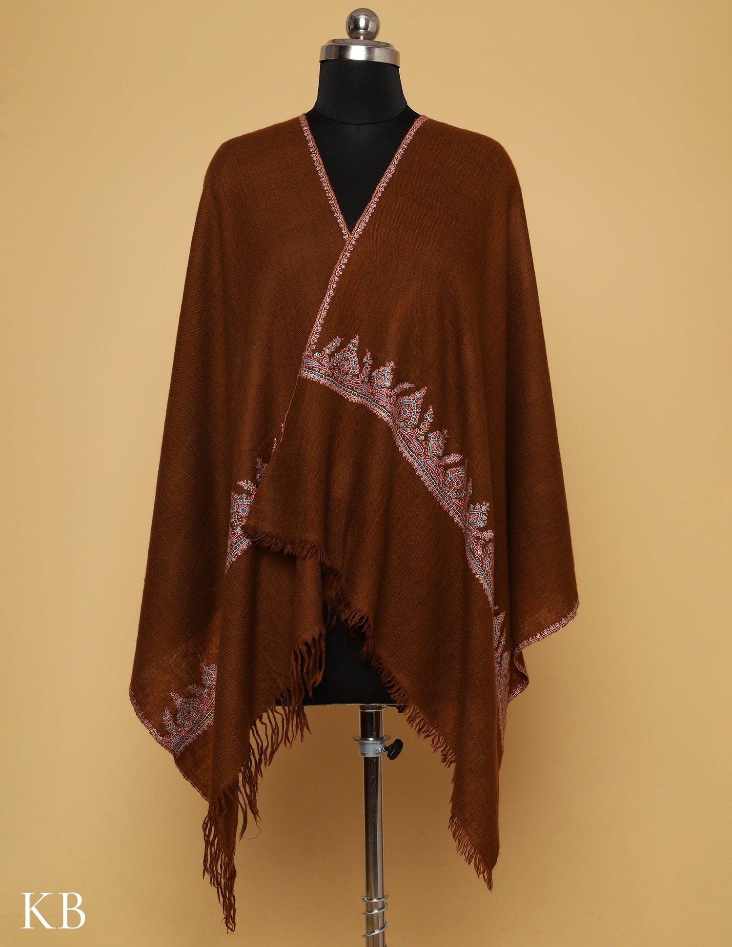 Downtown Brown Sozni Embroidered GI Pashmina Stole - Kashmir Box