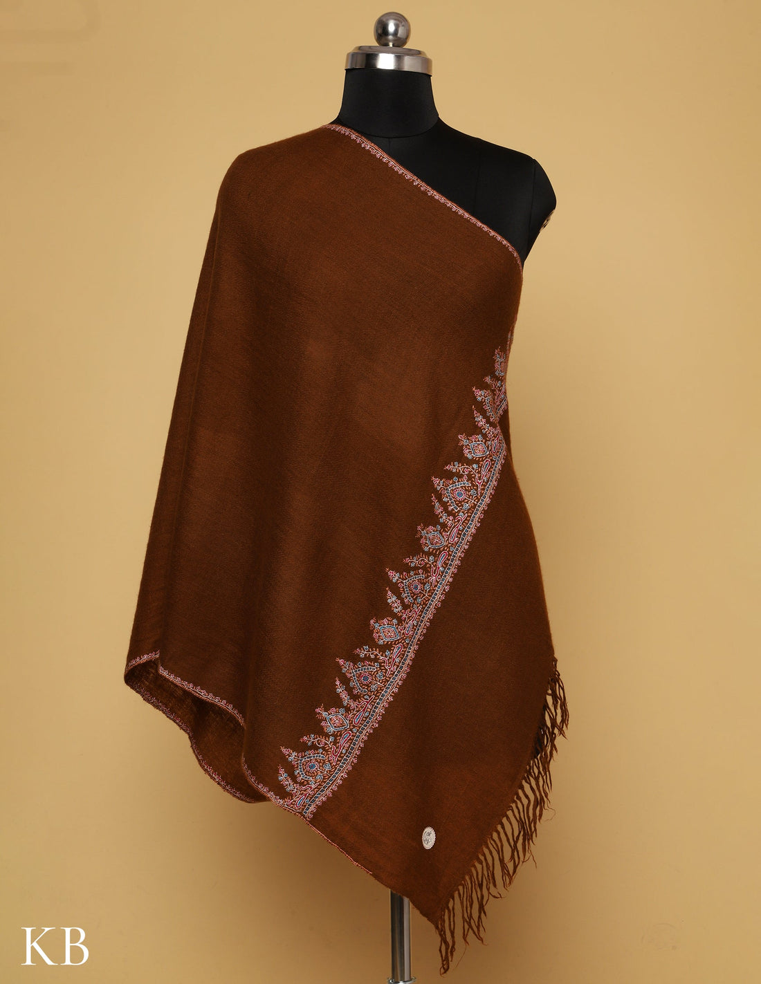 Downtown Brown Sozni Embroidered GI Pashmina Stole - Kashmir Box