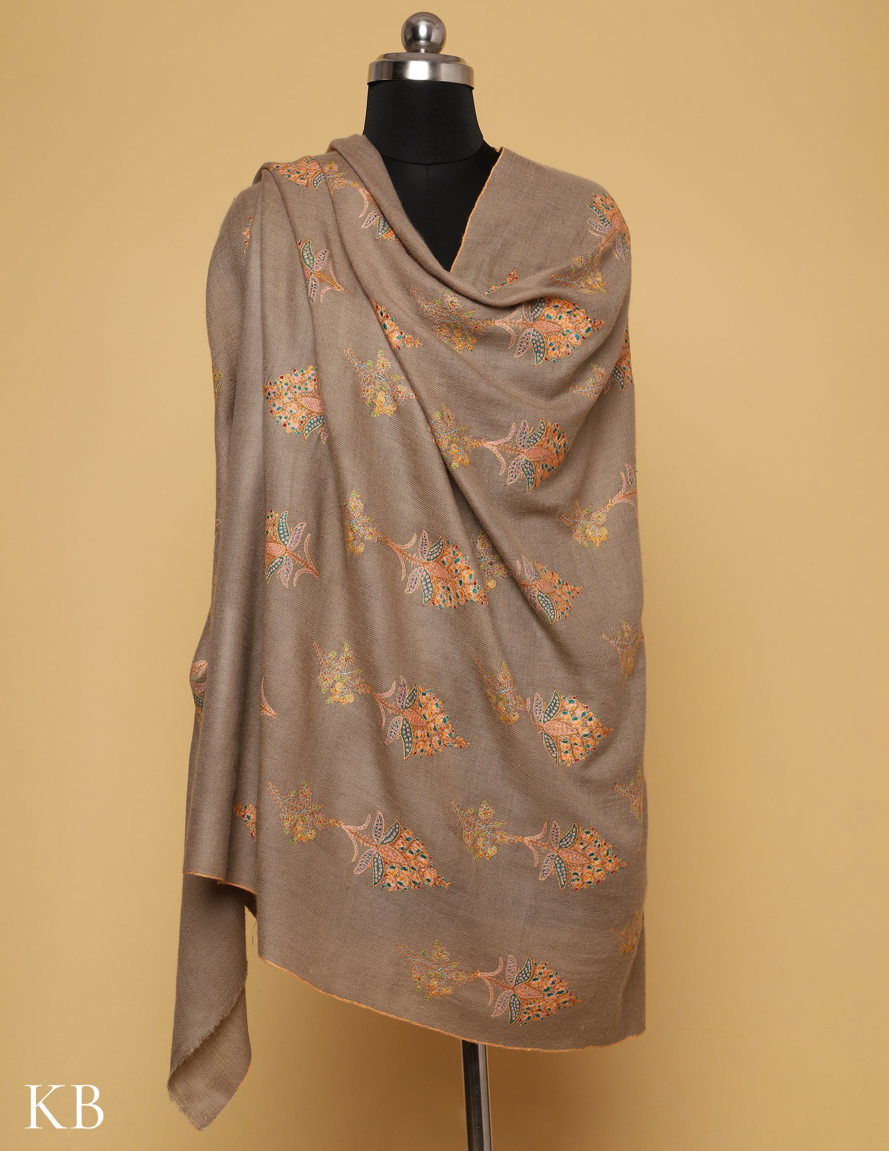 Dark khaki Sozni Embroidered GI Pashmina Shawl - Kashmir Box