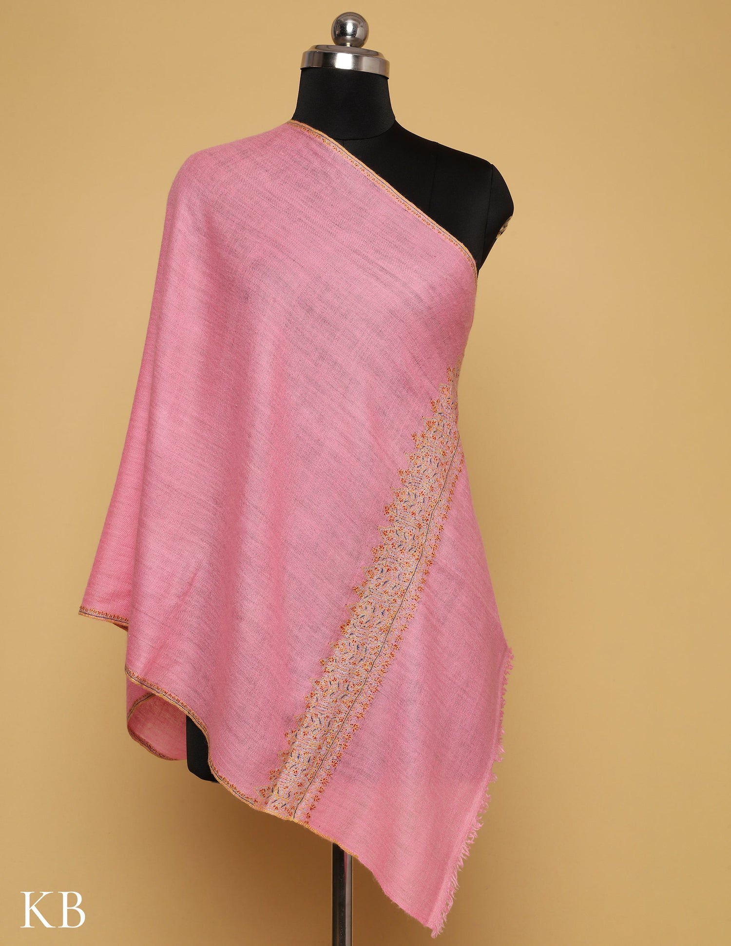 Cherry Blossom Pink Sozni Embroidered GI Pashmina Stole - Kashmir Box