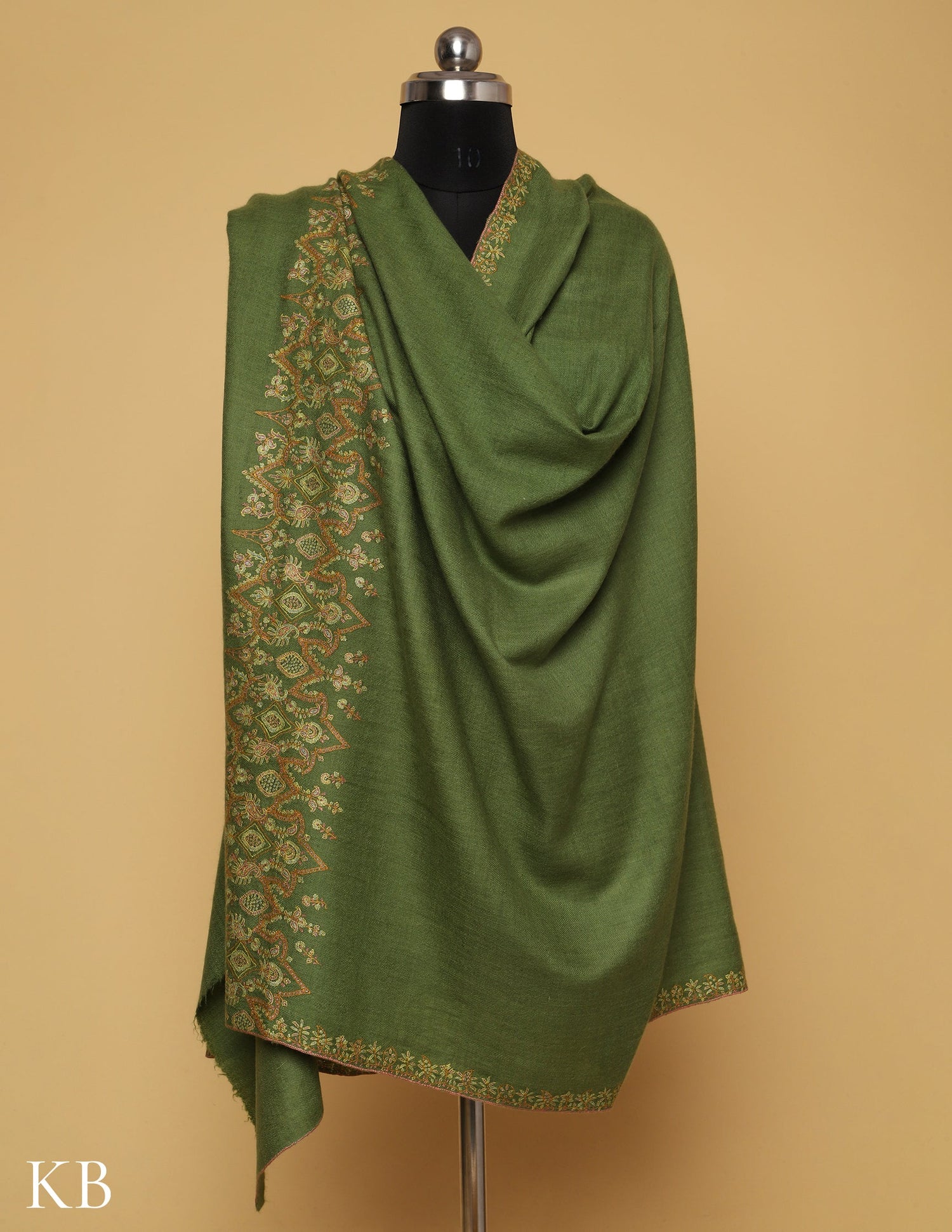 Mint Green Sozni Embroidered GI Pashmina Shawl - Kashmir Box