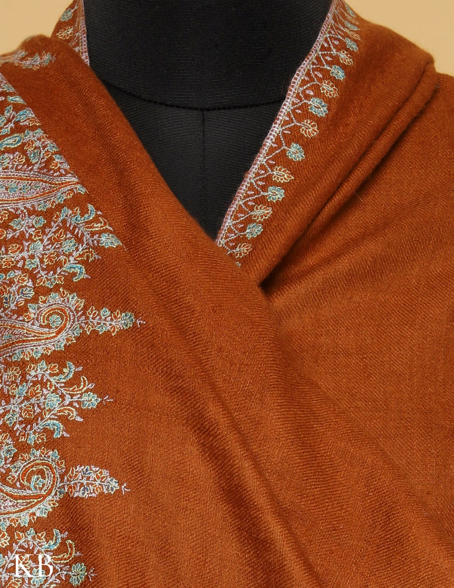 Rust Orange Sozni Embroidered GI Pashmina Shawl - Kashmir Box