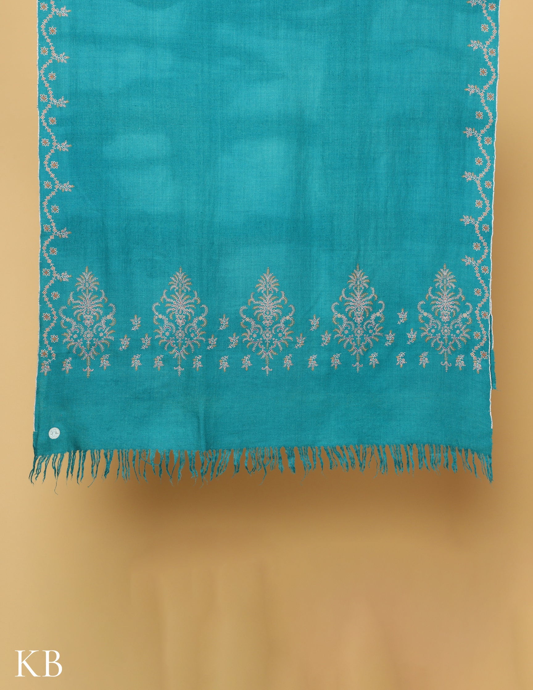 Teal Blue Sozni Embroidered GI Pashmina Shawl - Kashmir Box