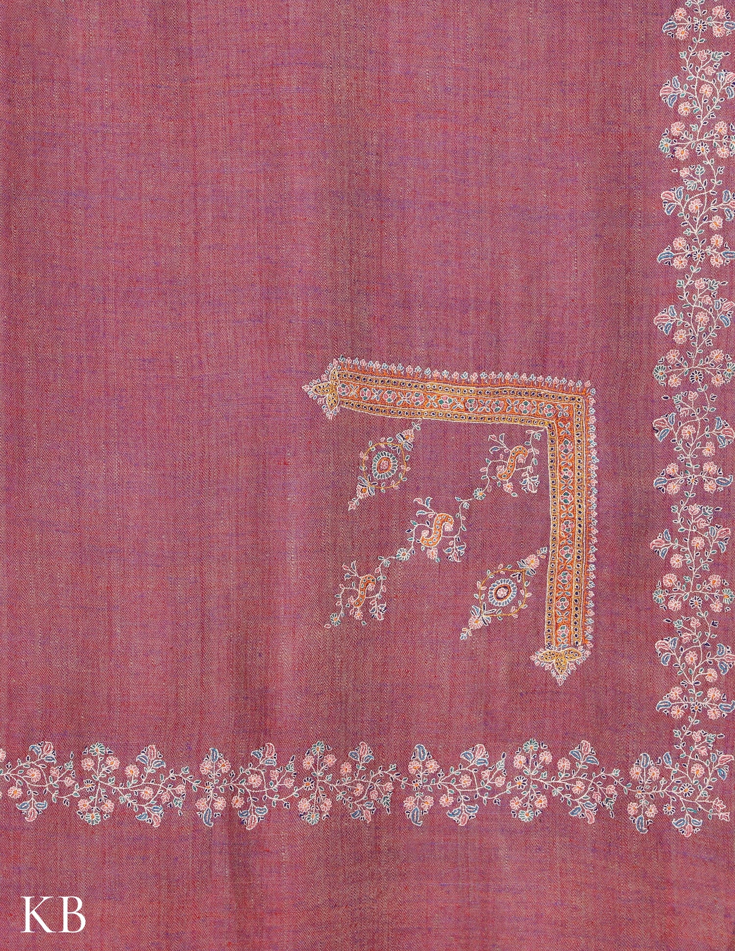 Turkish Rose Pink Sozni Embroidered Pure GI Pashmina Shawl - Kashmir Box