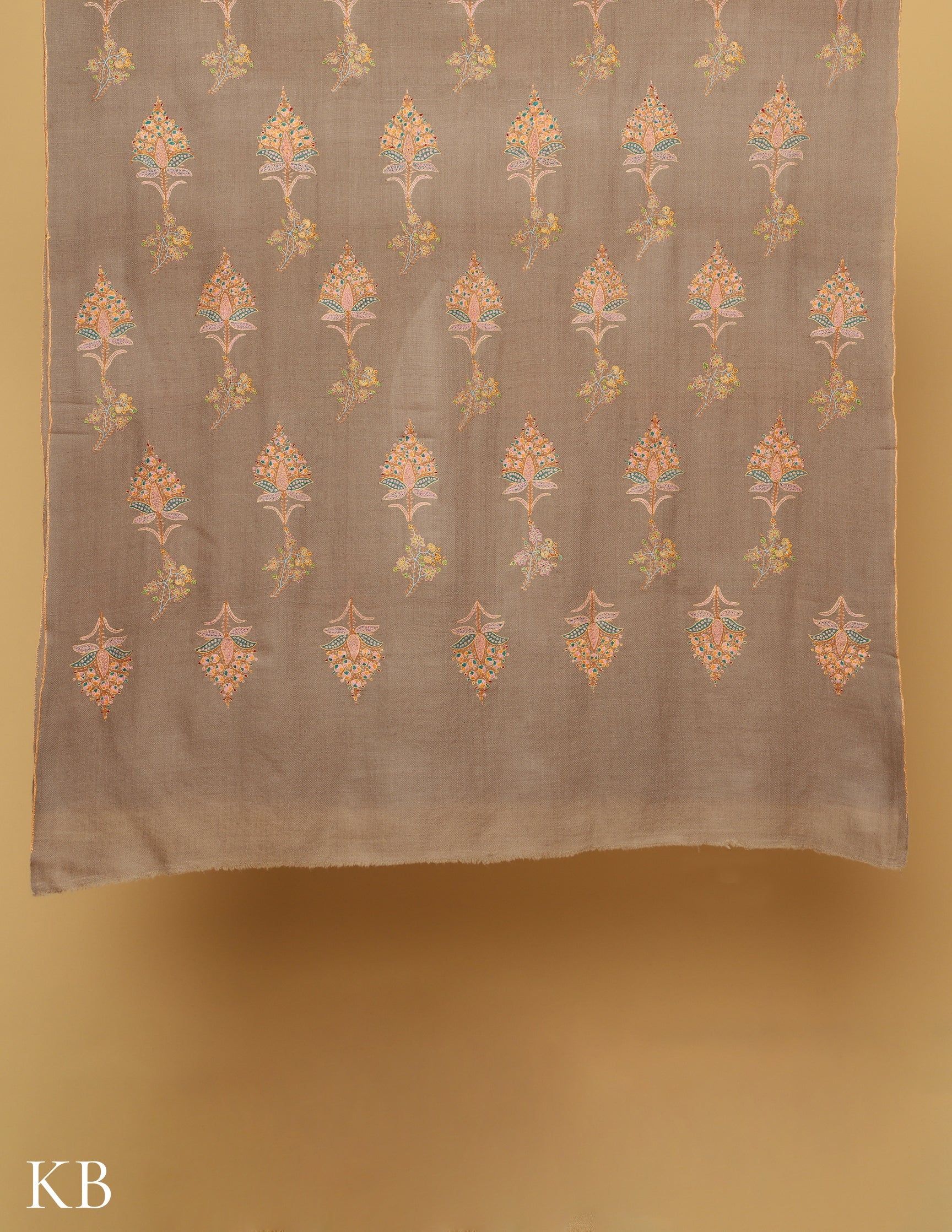 Dark khaki Sozni Embroidered GI Pashmina Shawl - Kashmir Box