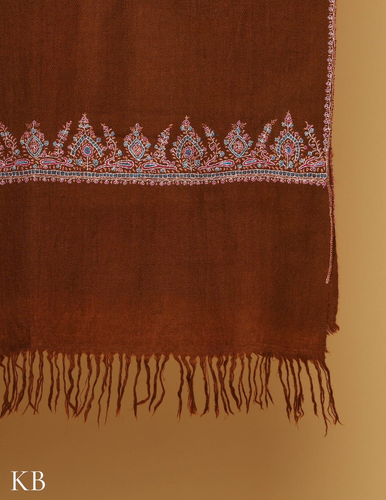 Downtown Brown Sozni Embroidered GI Pashmina Stole - Kashmir Box