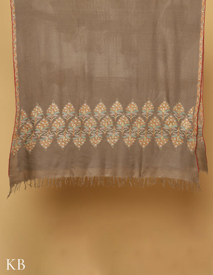 Dark Beige Sozni Embroidered Pashmina Shawl - Kashmir Box