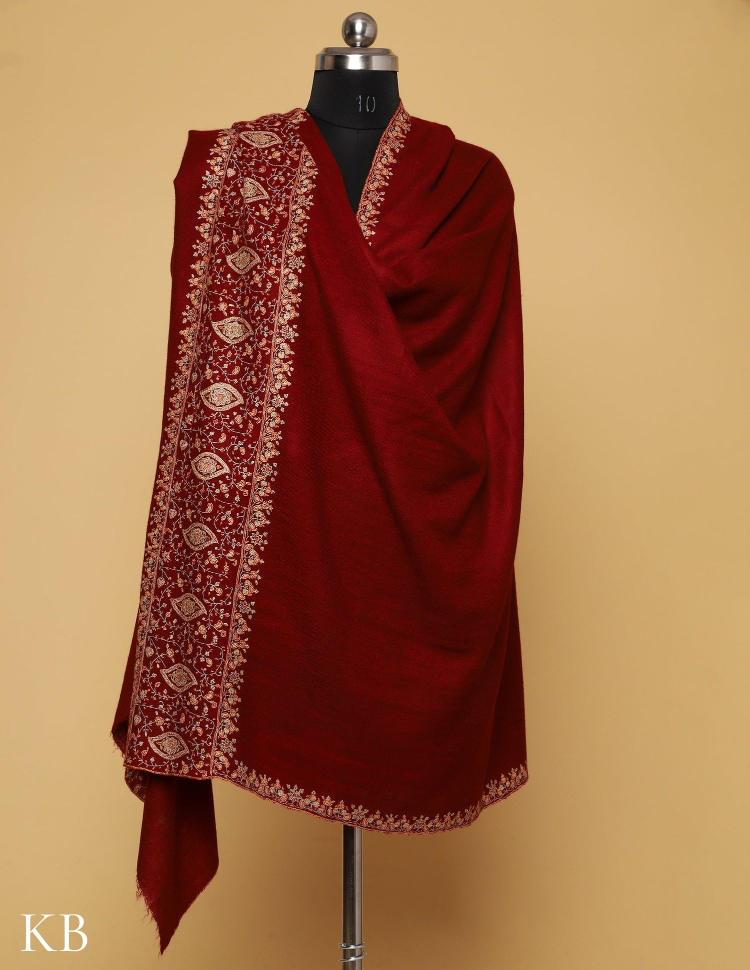 Deep Maroon Sozni Embroidered GI Pashmina Shawl - Kashmir Box