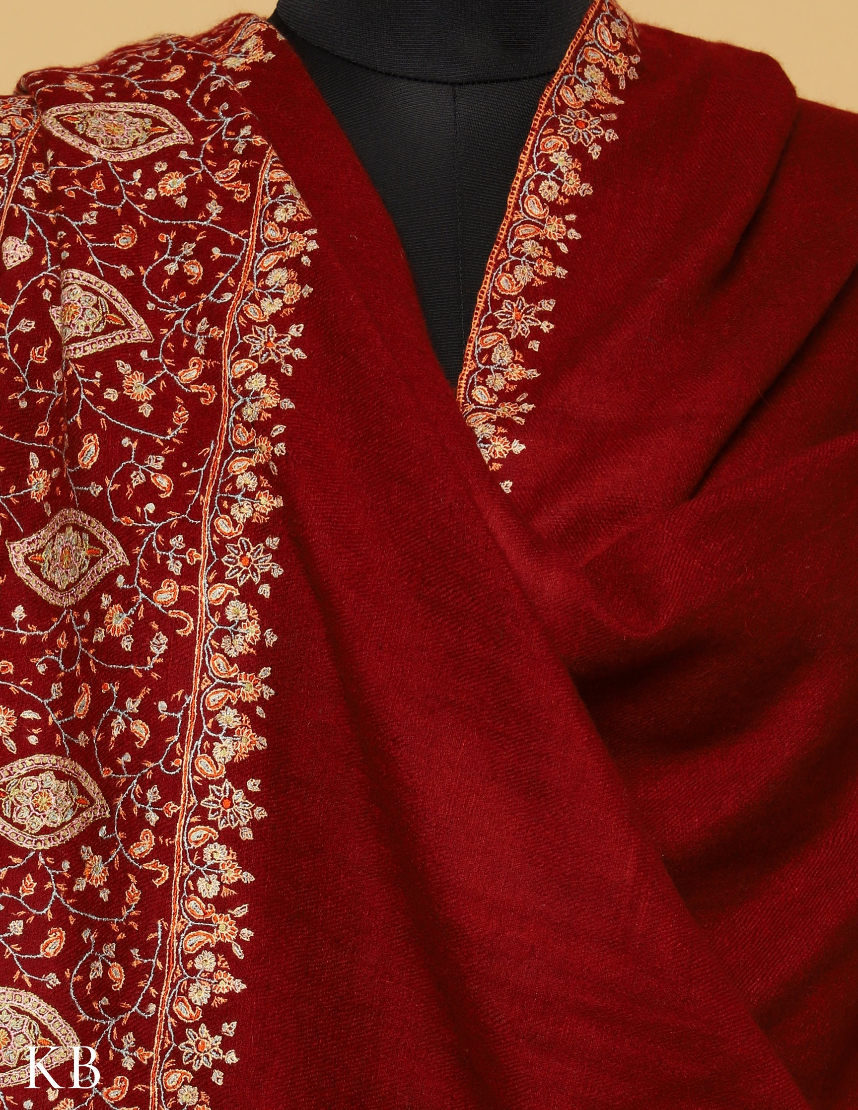 Deep Maroon Sozni Embroidered GI Pashmina Shawl - Kashmir Box