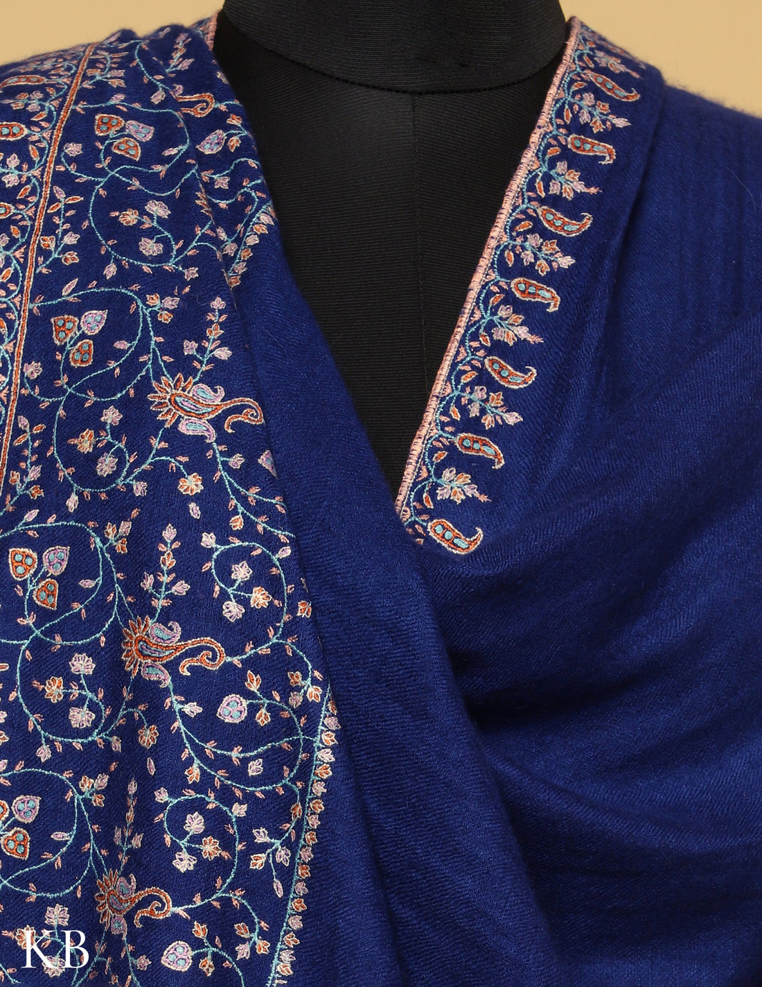 Delft Blue Sozni Embroidered GI Pashmina Shawl - Kashmir Box