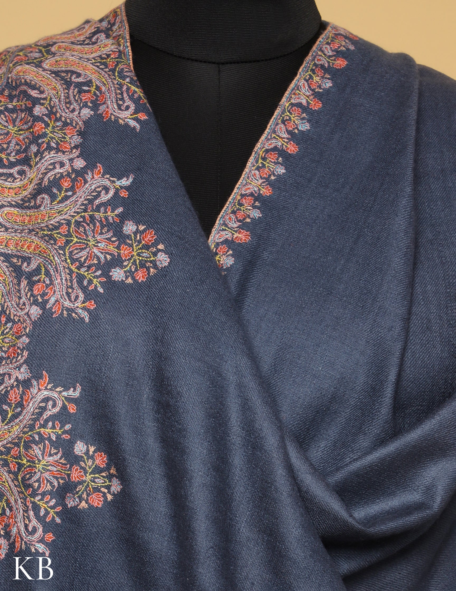 Slate Grey Sozni Embroidered GI Pashmina Shawl - Kashmir Box