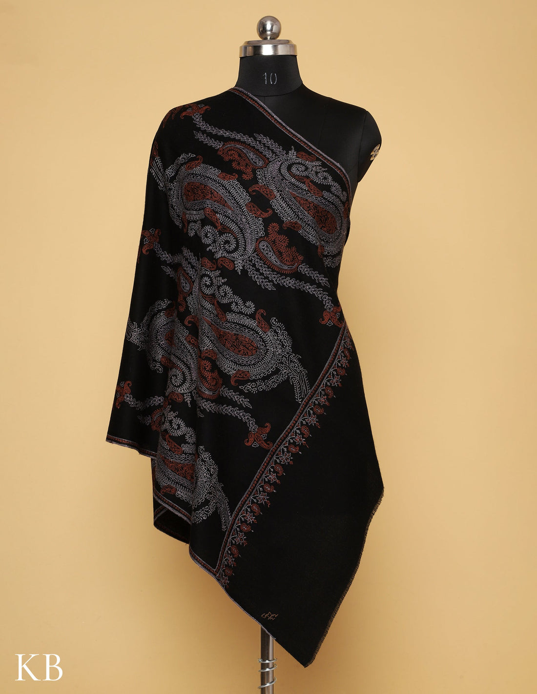 Jet Black Sozni Embroidered Pashmina Stole - Kashmir Box