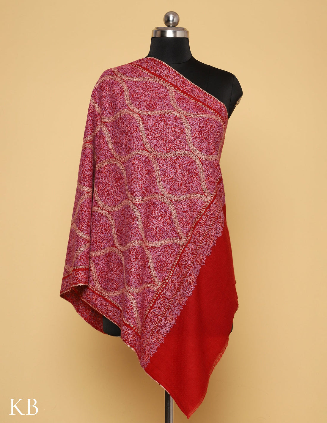 Chinese Red Sozni Embroidered Pure Pashmina Stole - Kashmir Box