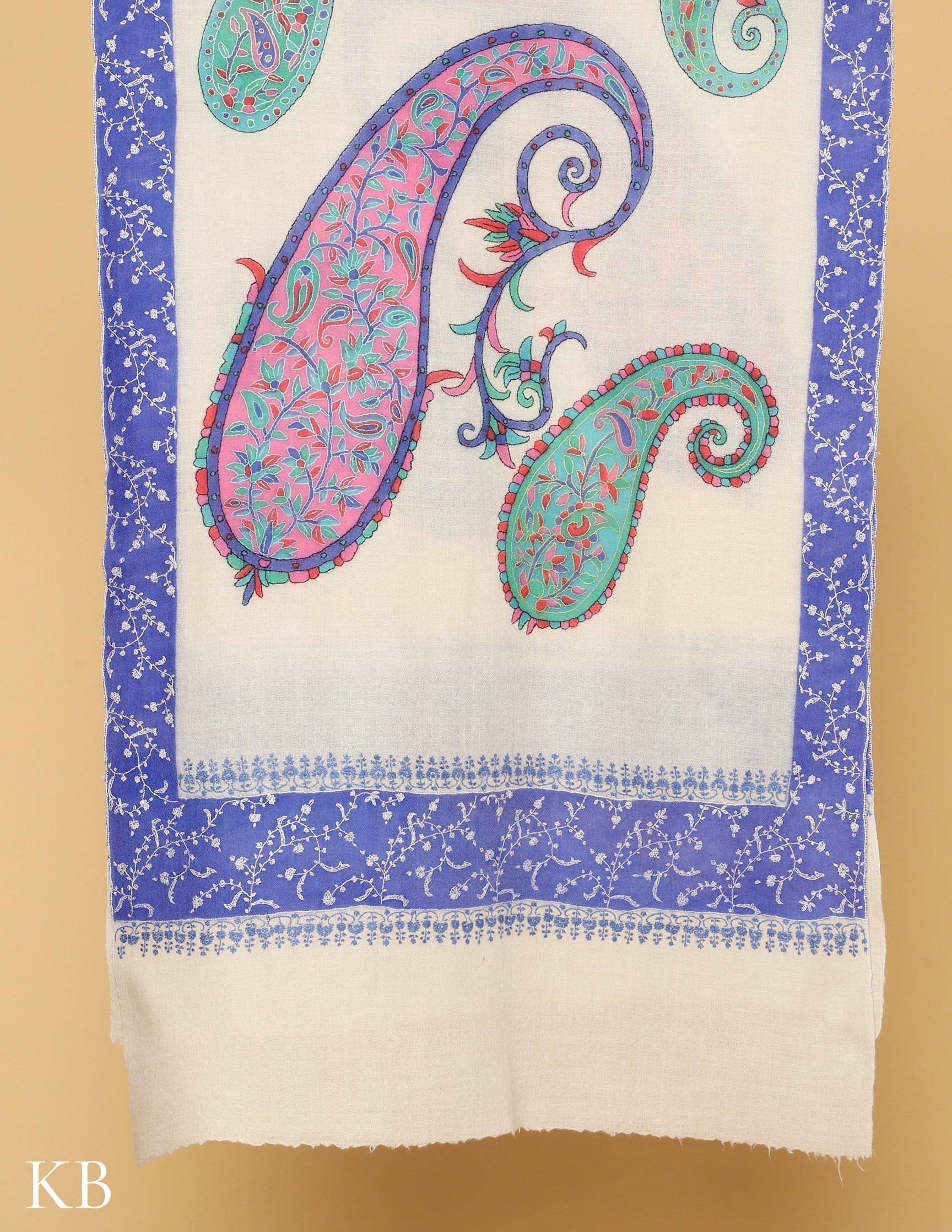 White Sozni Embroidered  Pure Pashmina Stole - Kashmir Box