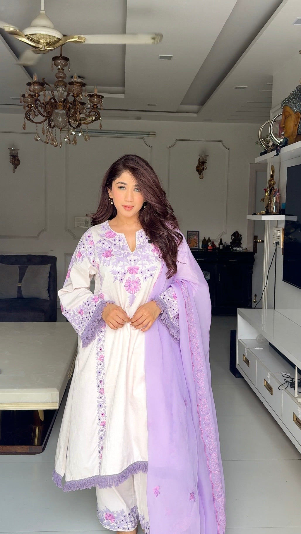 Baby Pink Cotton Satin Suit Set with Fine Aari Embroidery & Violet Organza Dupatta — Bulbul Collection | Kashmiri Summer Festive Wear