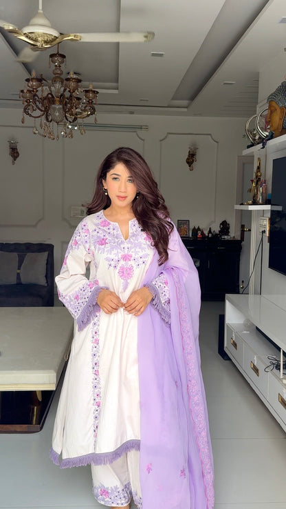 Baby Pink Cotton Satin Suit Set with Fine Aari Embroidery &amp; Violet Organza Dupatta — Bulbul Collection | Kashmiri Summer Festive Wear