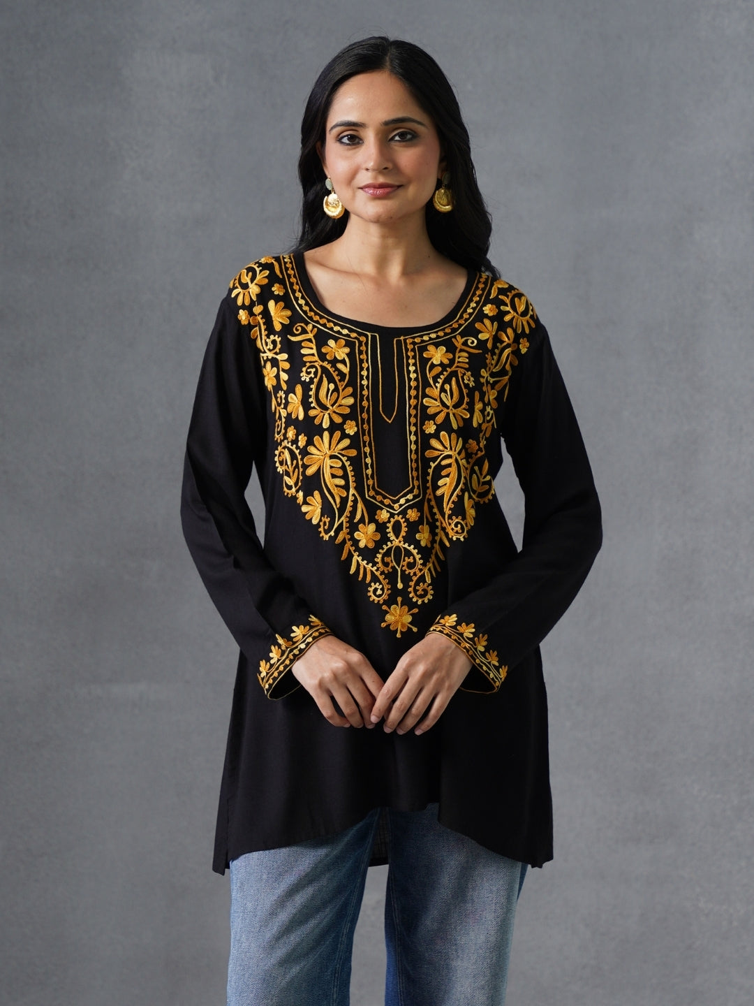 Women’s Black Kashmiri Aari Embroidered Yellow Floral Short Kurti – Casual Office Wear