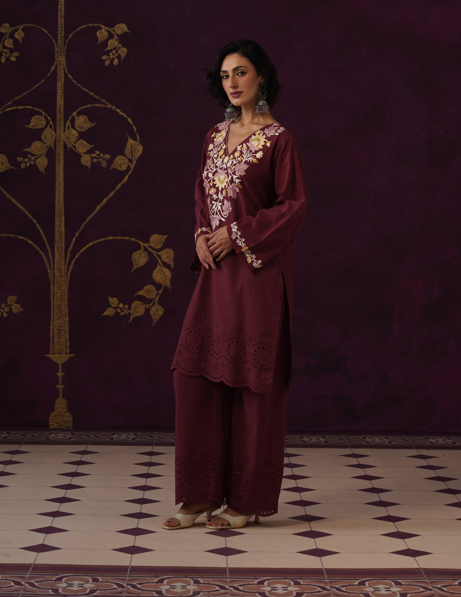Maroon Schiffli &amp; Aari Embroidered Cambric Cotton Co-ord Set
