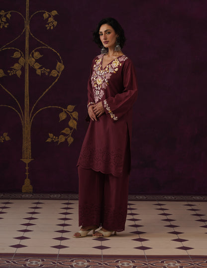 Maroon Schiffli &amp; Aari Embroidered Cambric Cotton Co-ord Set