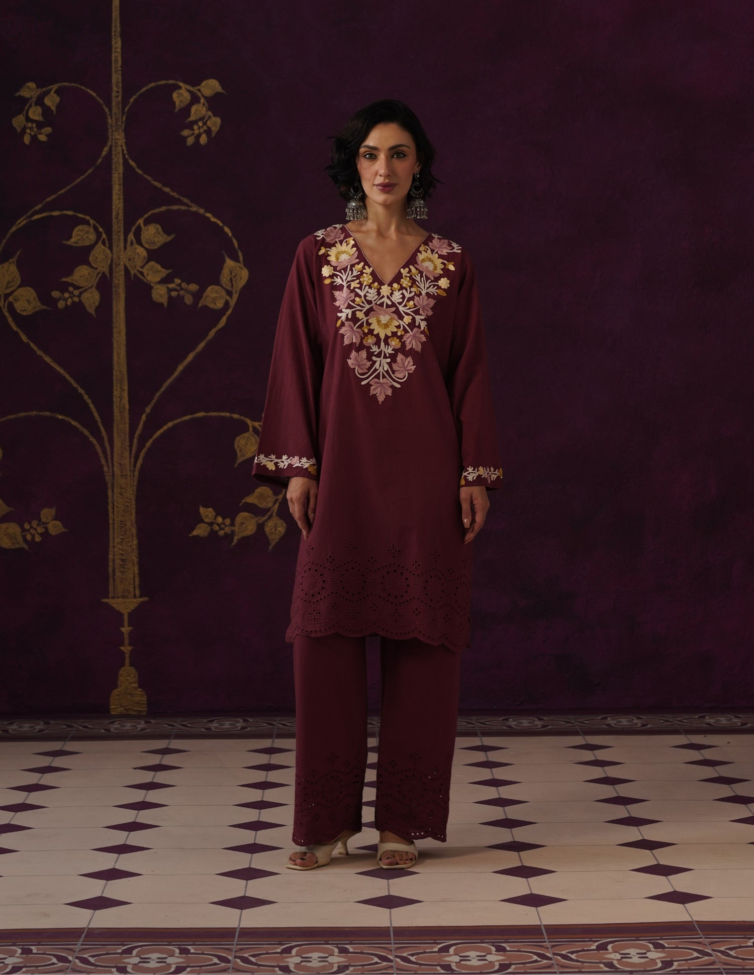 Maroon Schiffli &amp; Aari Embroidered Cambric Cotton Co-ord Set