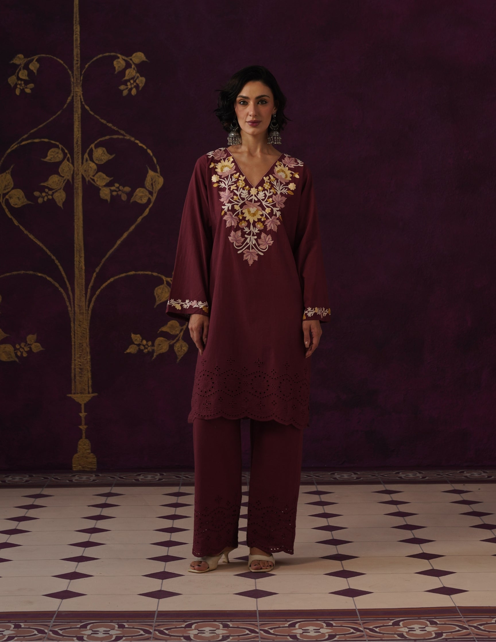 Maroon Schiffli &amp; Aari Embroidered Cambric Cotton Co-ord Set