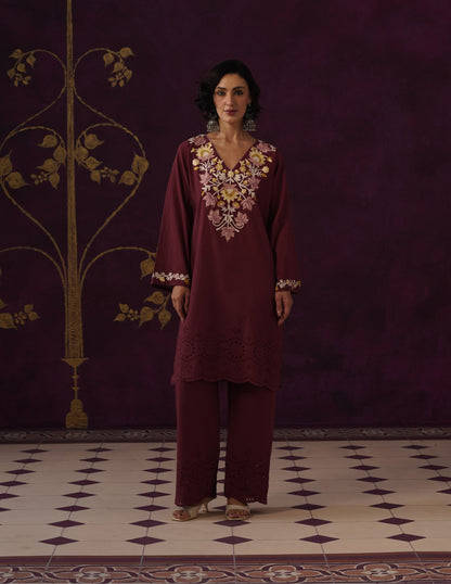 Maroon Schiffli &amp; Aari Embroidered Cambric Cotton Co-ord Set