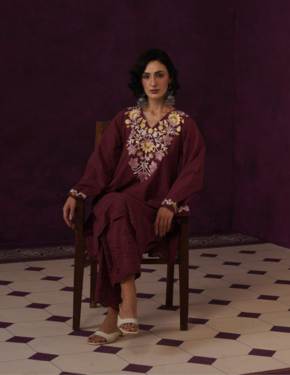 Maroon Schiffli &amp; Aari Embroidered Cambric Cotton Co-ord Set