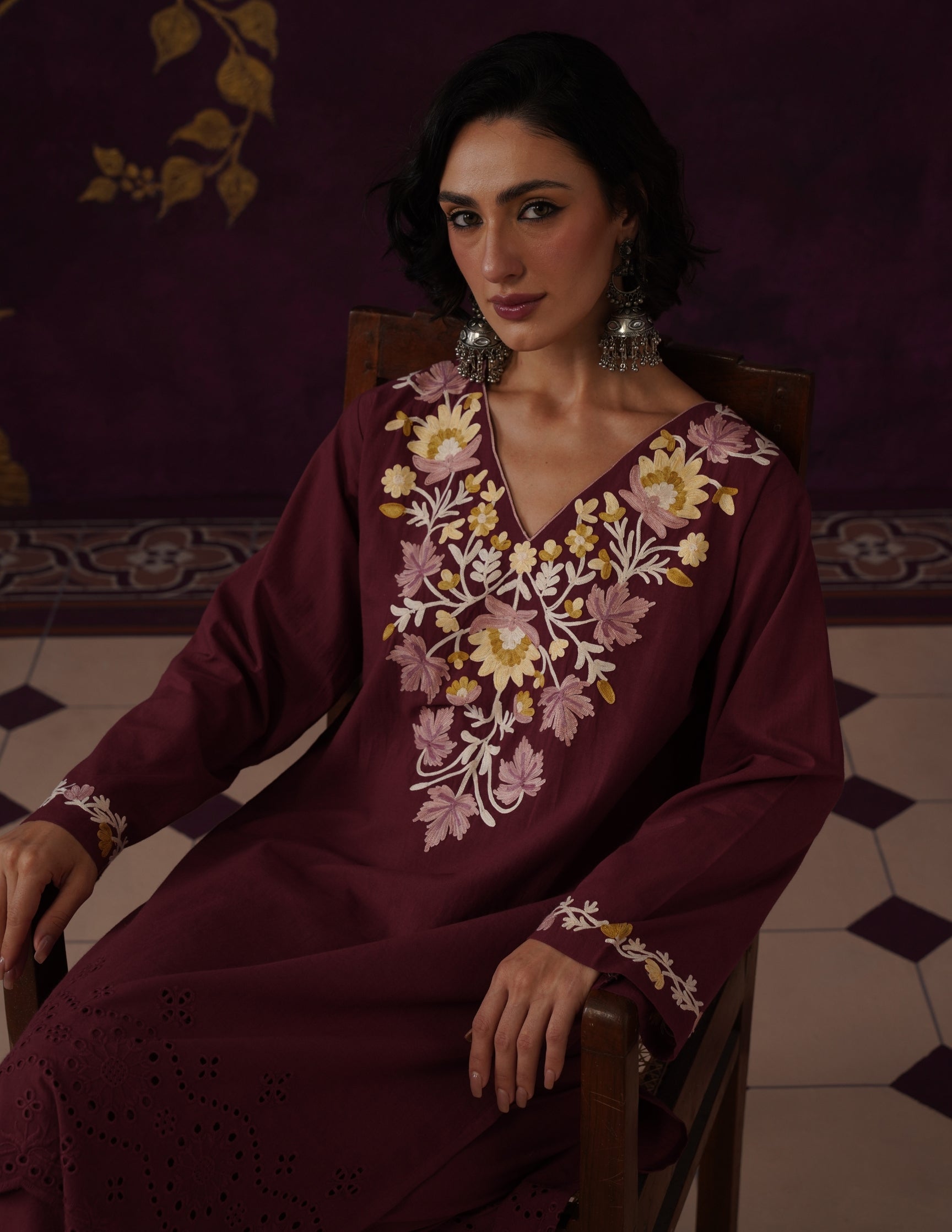 Maroon Schiffli &amp; Aari Embroidered Cambric Cotton Co-ord Set