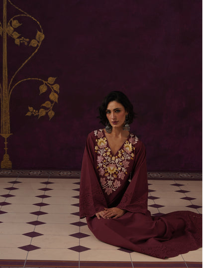 Maroon Schiffli &amp; Aari Embroidered Cambric Cotton Gown