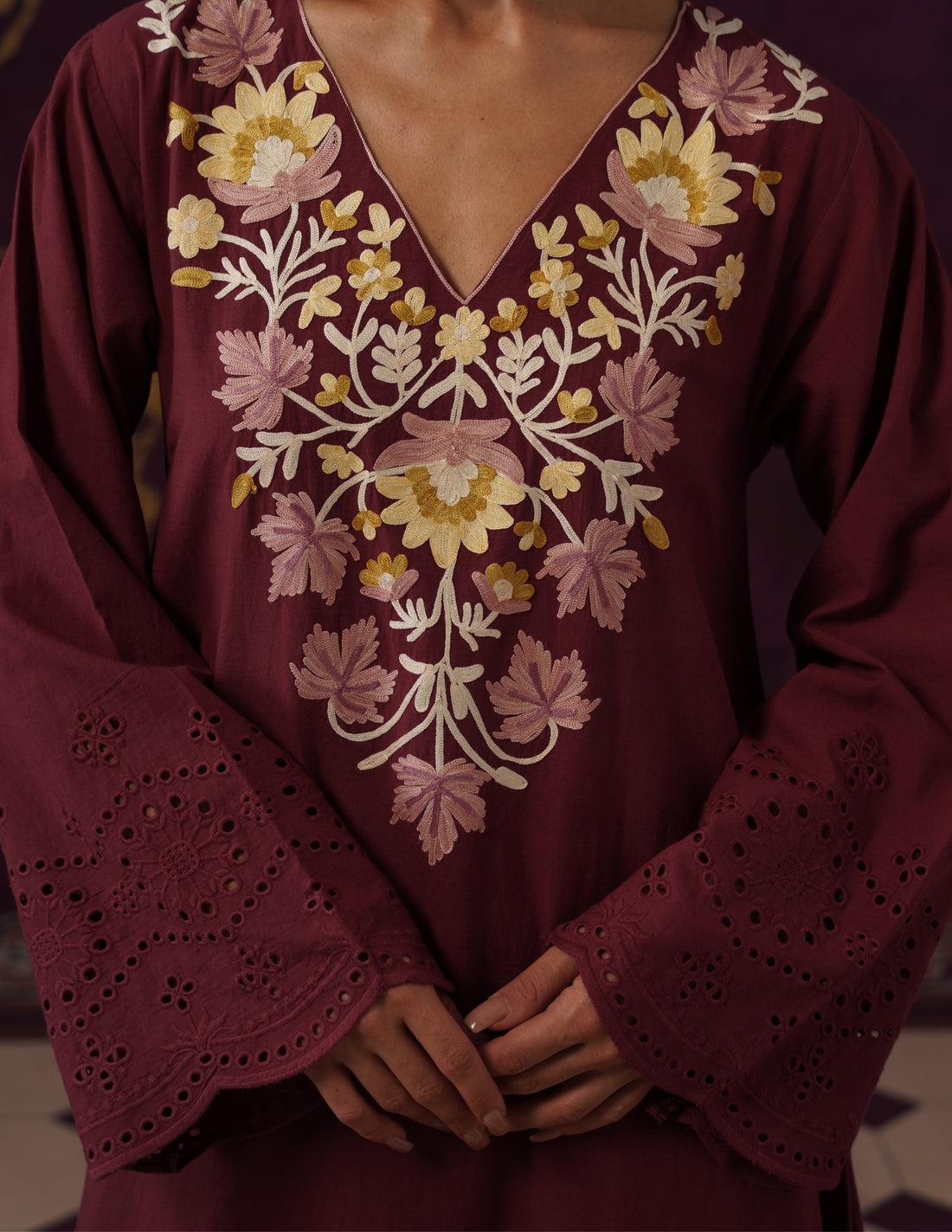 Maroon Schiffli &amp; Aari Embroidered Cambric Cotton Gown