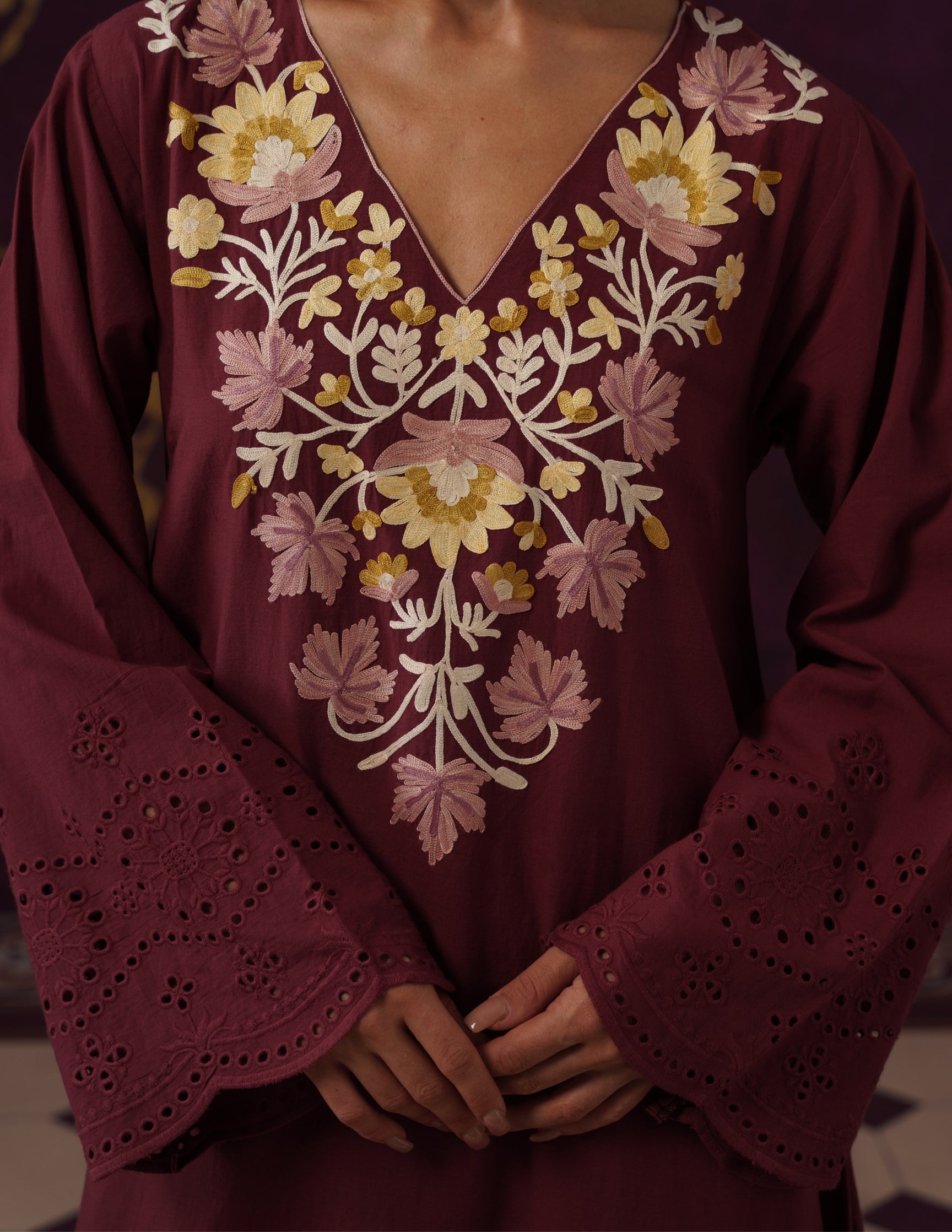 Maroon Schiffli &amp; Aari Embroidered Cambric Cotton Gown