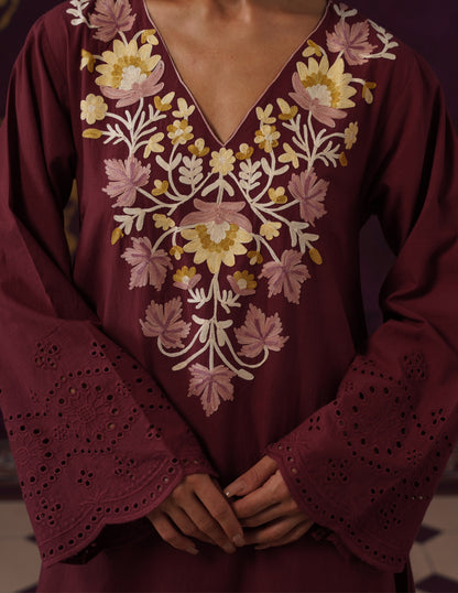 Maroon Schiffli &amp; Aari Embroidered Cambric Cotton Gown