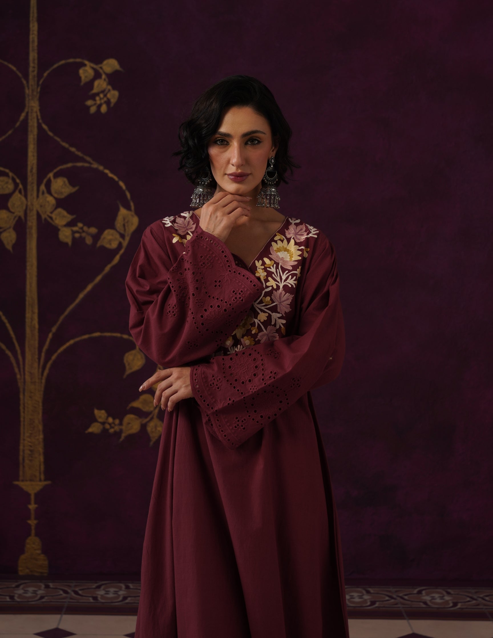 Maroon Schiffli &amp; Aari Embroidered Cambric Cotton Gown