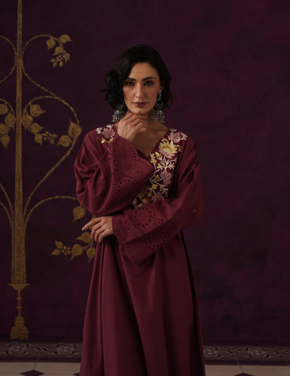 Maroon Schiffli &amp; Aari Embroidered Cambric Cotton Gown