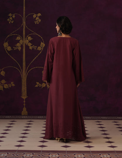 Maroon Schiffli &amp; Aari Embroidered Cambric Cotton Gown