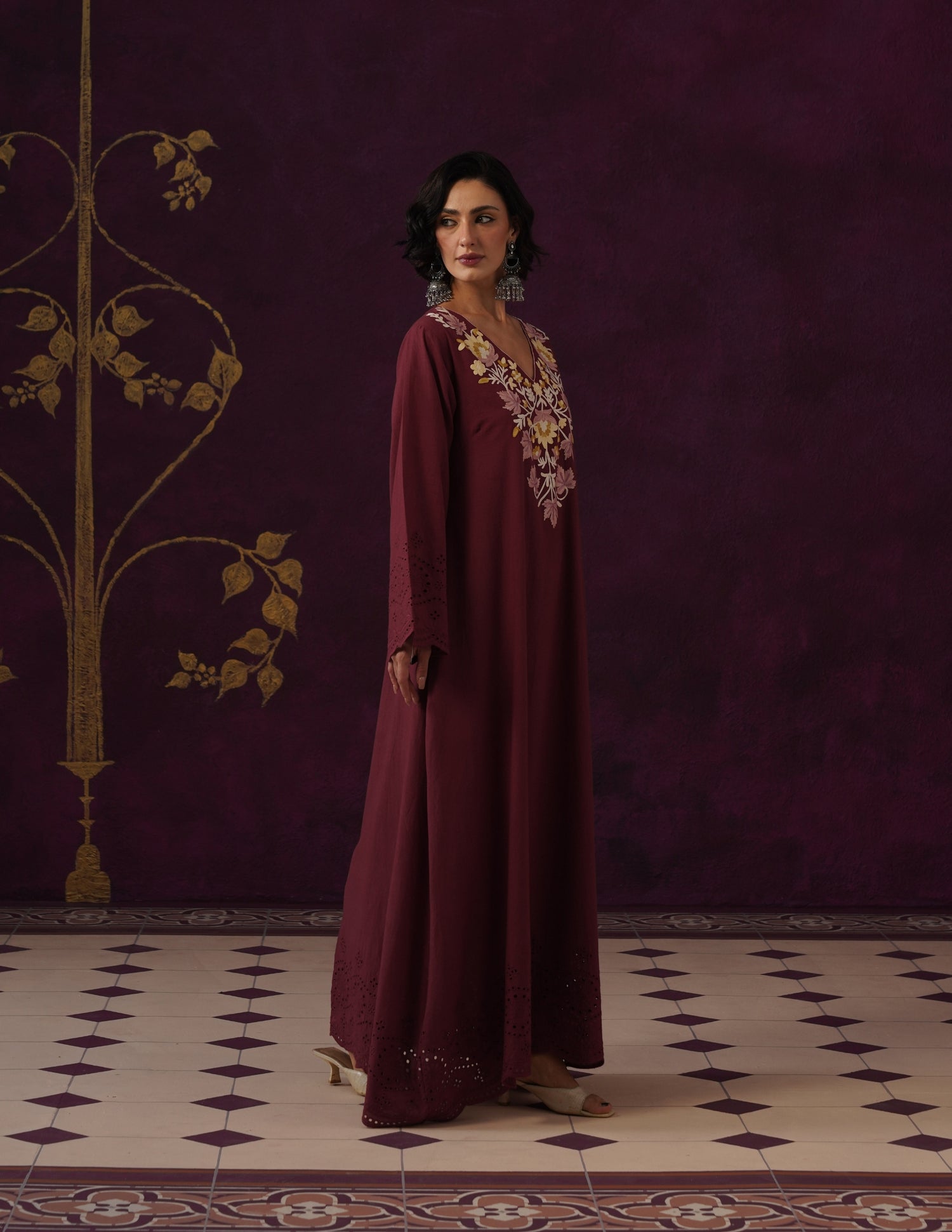 Maroon Schiffli &amp; Aari Embroidered Cambric Cotton Gown