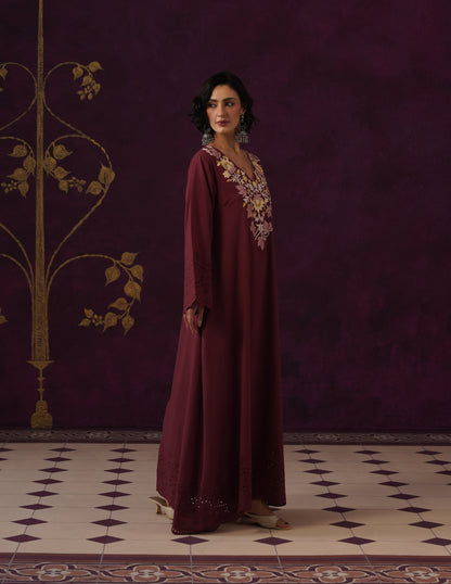 Maroon Schiffli &amp; Aari Embroidered Cambric Cotton Gown