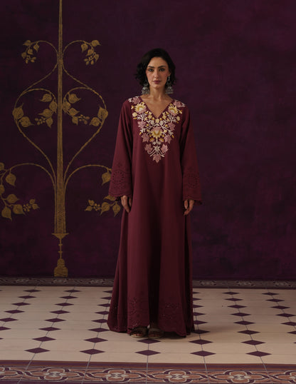 Maroon Schiffli &amp; Aari Embroidered Cambric Cotton Gown