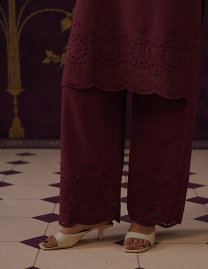 Maroon Schiffli &amp; Aari Embroidered Cambric Cotton Co-ord Set