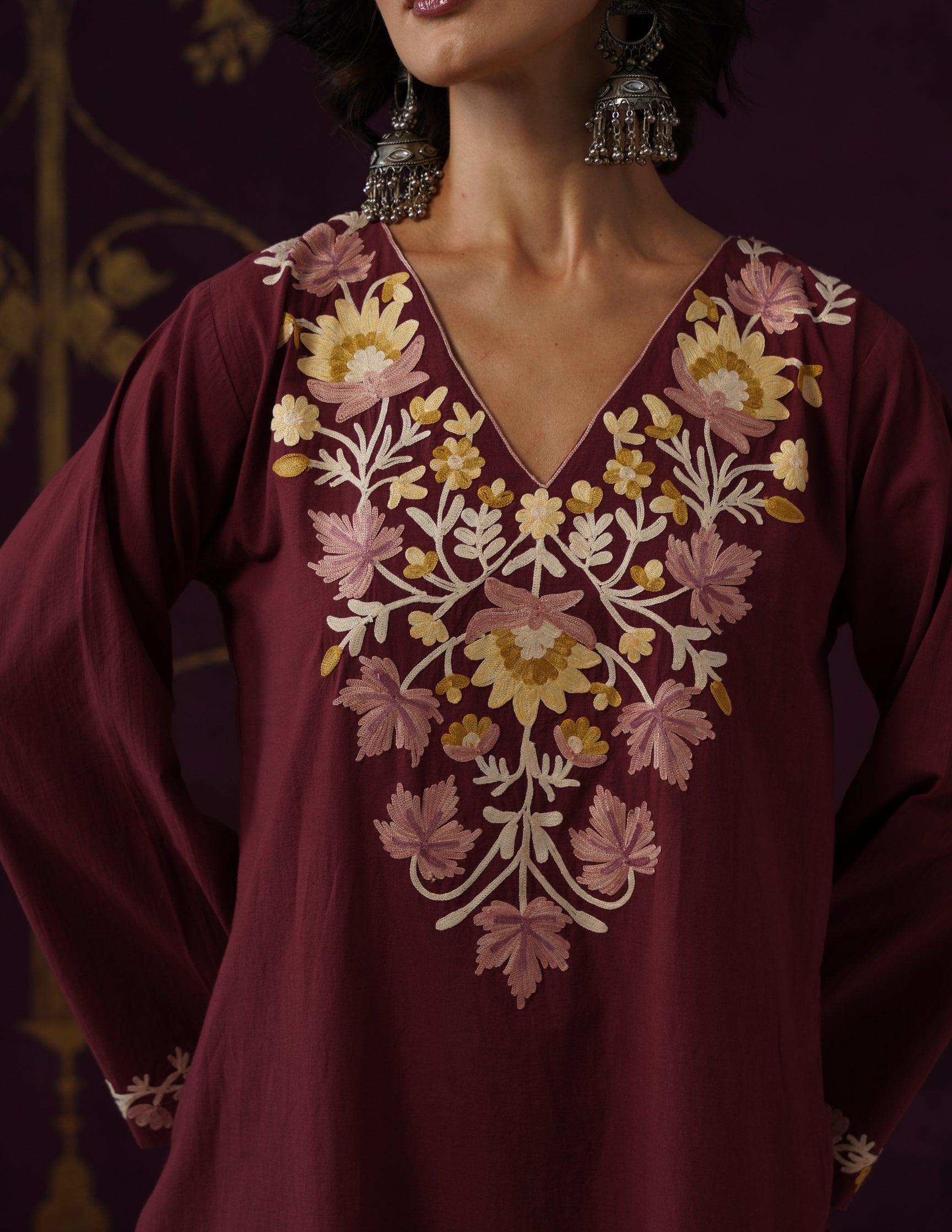 Maroon Schiffli &amp; Aari Embroidered Cambric Cotton Co-ord Set