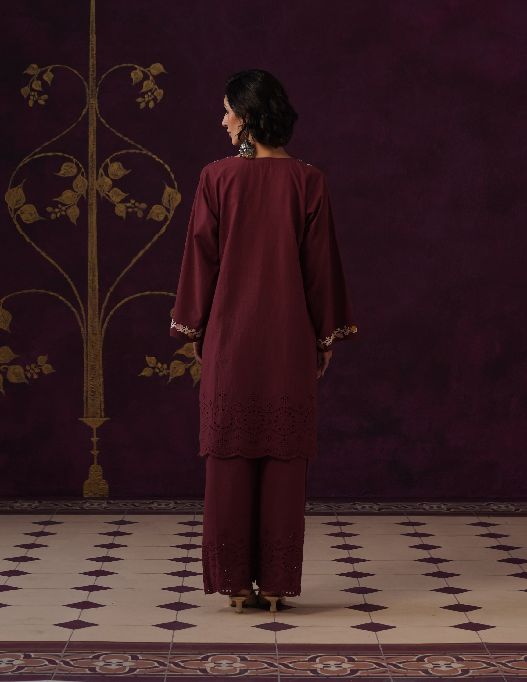 Maroon Schiffli &amp; Aari Embroidered Cambric Cotton Co-ord Set