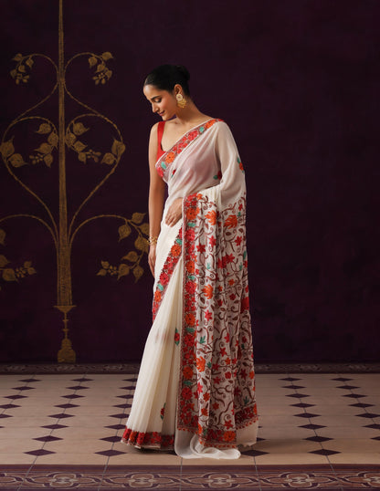 Kashmiri Aari Embroidered Georgette Saree – Off-White