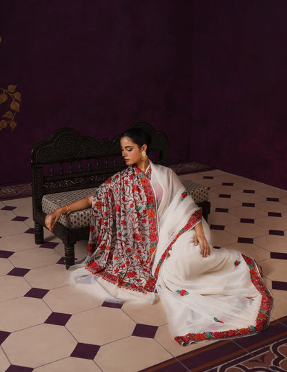 Kashmiri Aari Embroidered Georgette Saree – Off-White