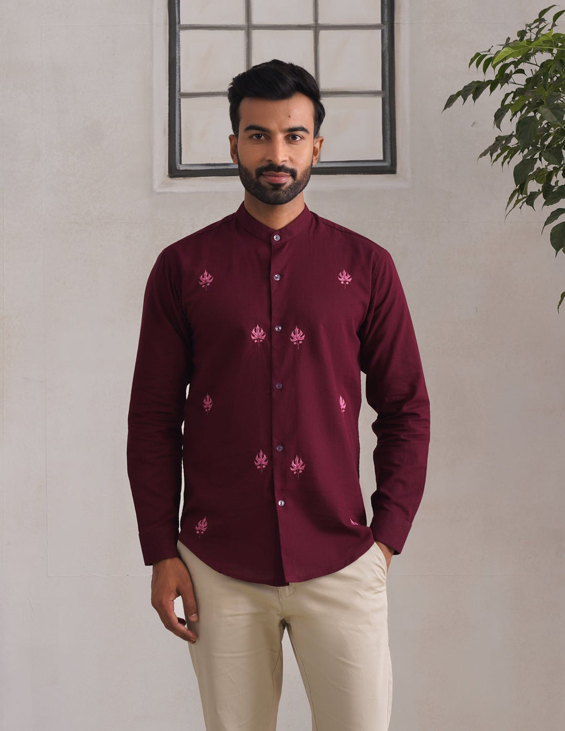 Kashmiri Sozni Chinar Embroidered Linen Cotton Shirt – Maroon | Handcrafted Heritage