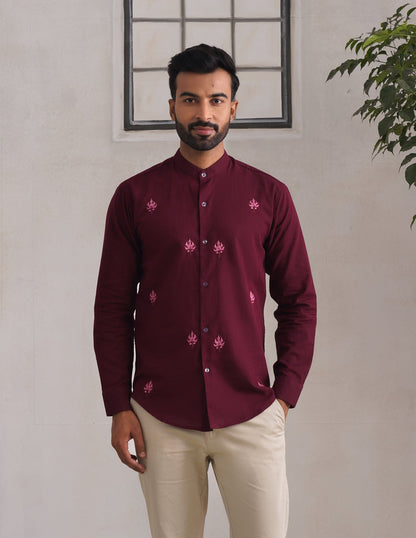 Kashmiri Sozni Chinar Embroidered Linen Cotton Shirt – Maroon | Handcrafted Heritage